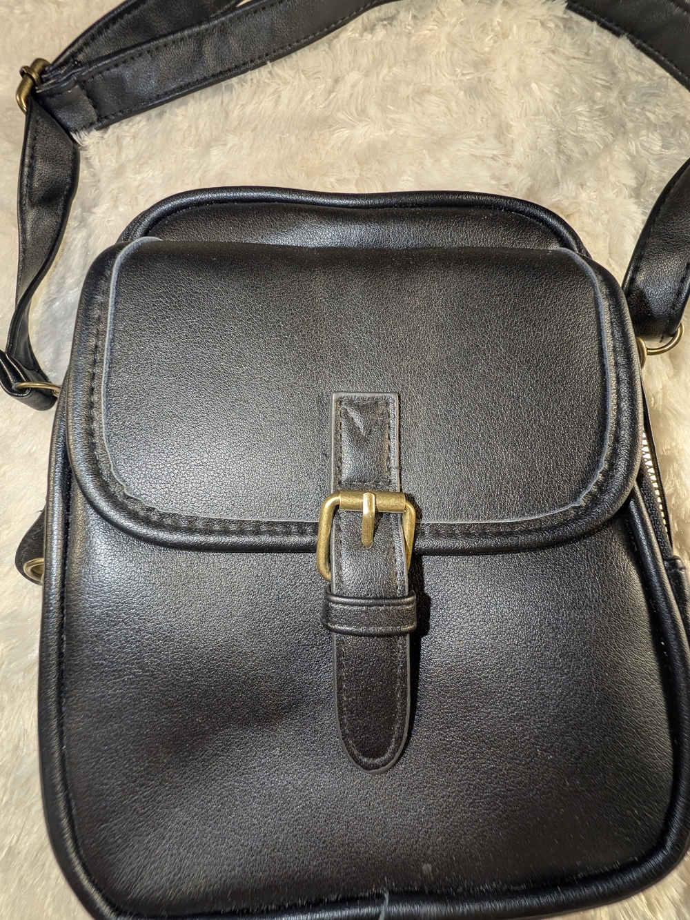 Compact Black faux leather Mini Crossbody Bag with Buckle Accent